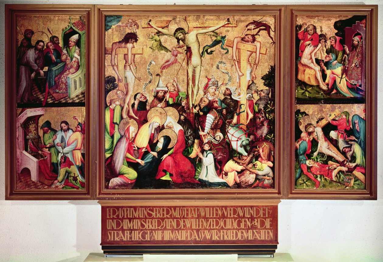 Ukřižování, triptych s bočními panely zobrazujícími výjevy z pašijí (tempera na panelu) od German School