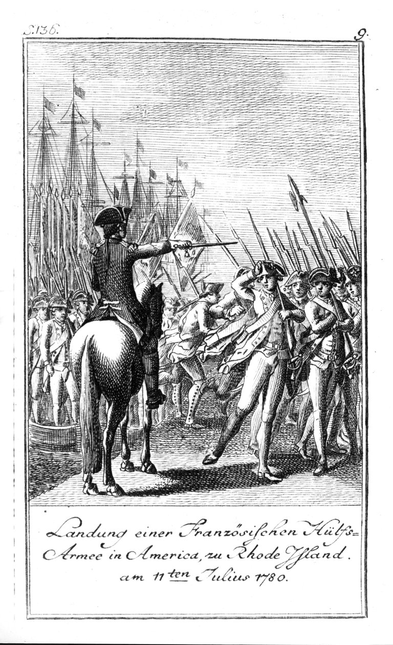 Vylodění francouzské pomocné armády na Rhode Island v Americe, 11. července 1780 od German School