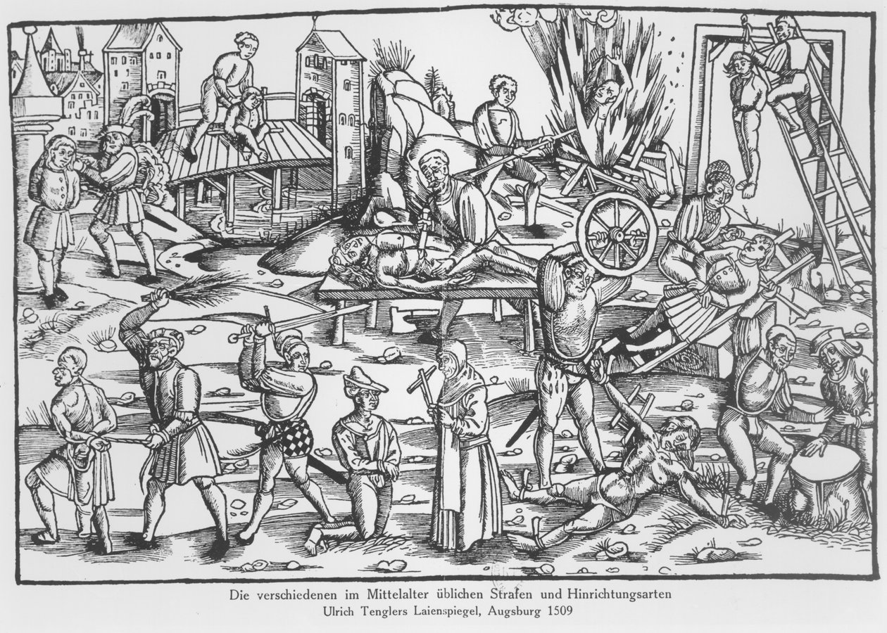 Obvyklé tresty v Německu během středověku, ilustrace z Laienspiegel od Ulricha Tenglera, vydáno Augsburg 1509 od German School