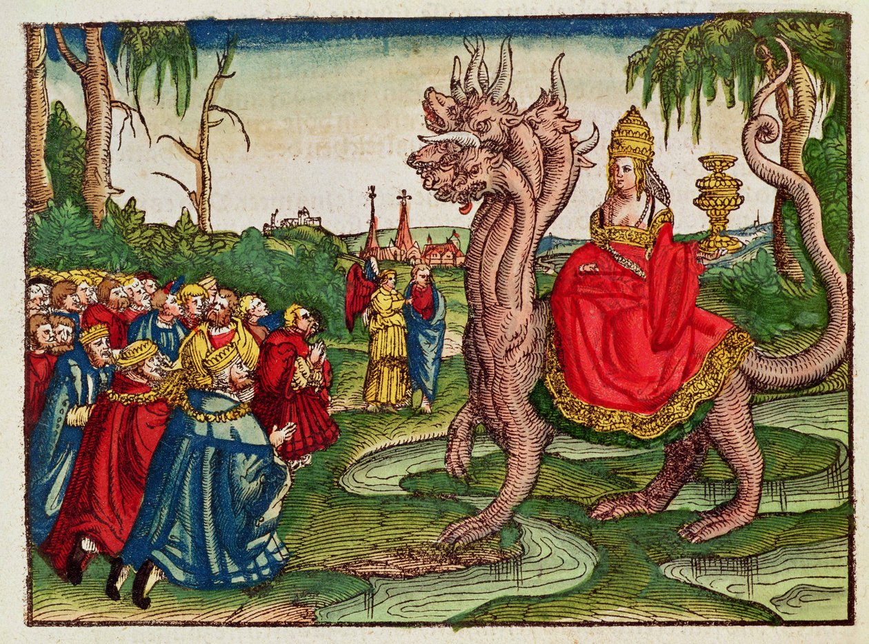 Babylonská děvka, z Lutherovy bible, kolem roku 1530 (barevný dřevoryt) od German School