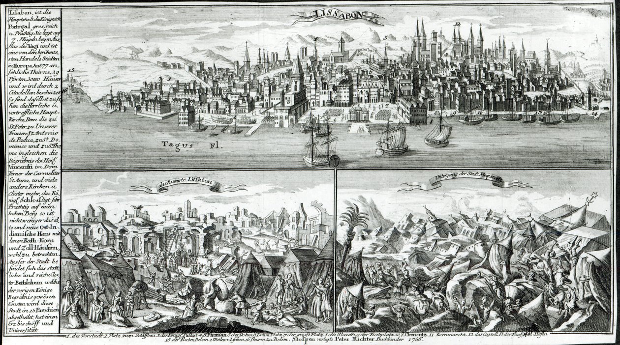 Město Lisabon před, během a po zemětřesení v roce 1755 od German School
