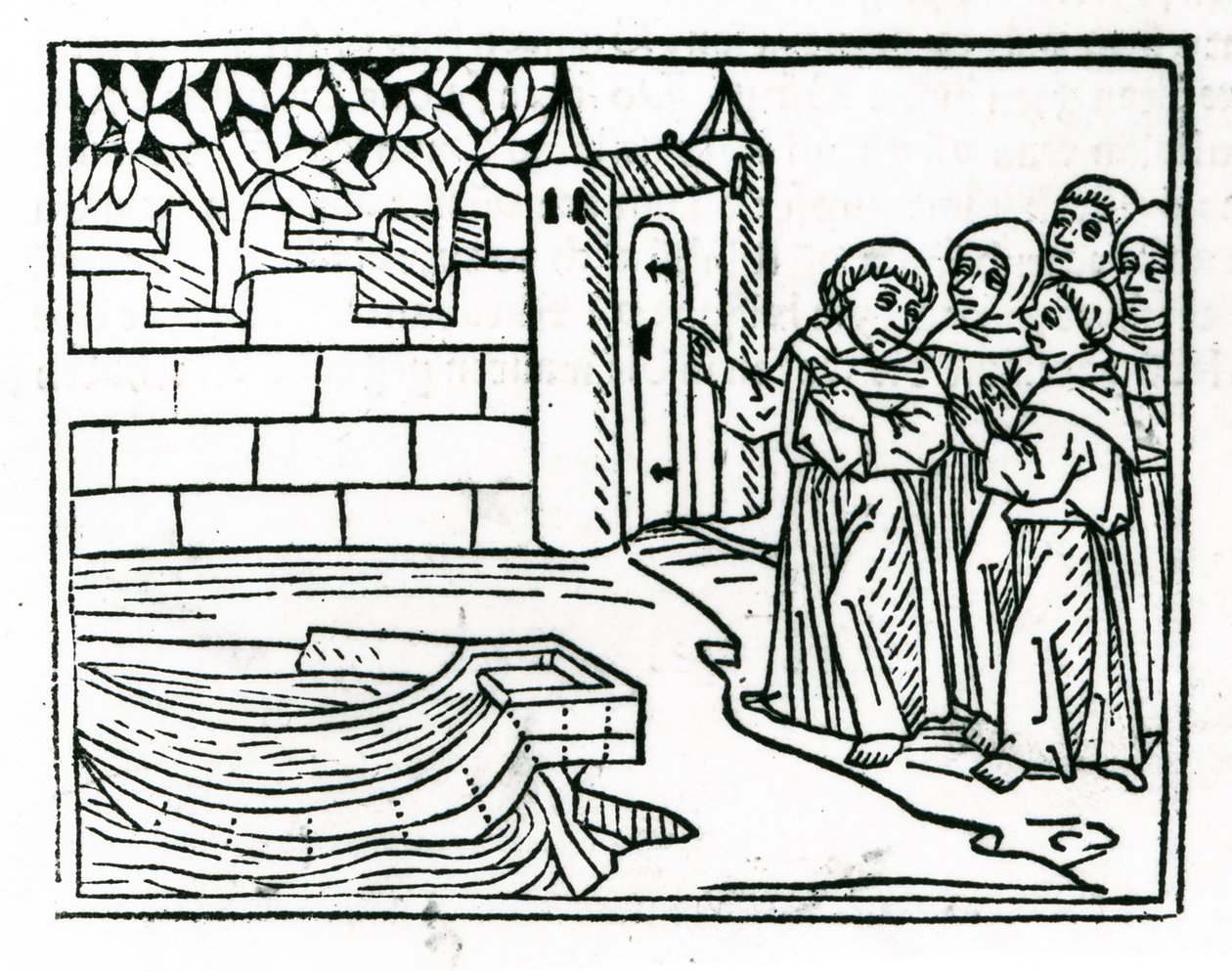 Mniši opouštějí Irsko a hledají ostrov Ráj, ilustrace z knihy "Cesta svatého Brendana", 1499. od German School