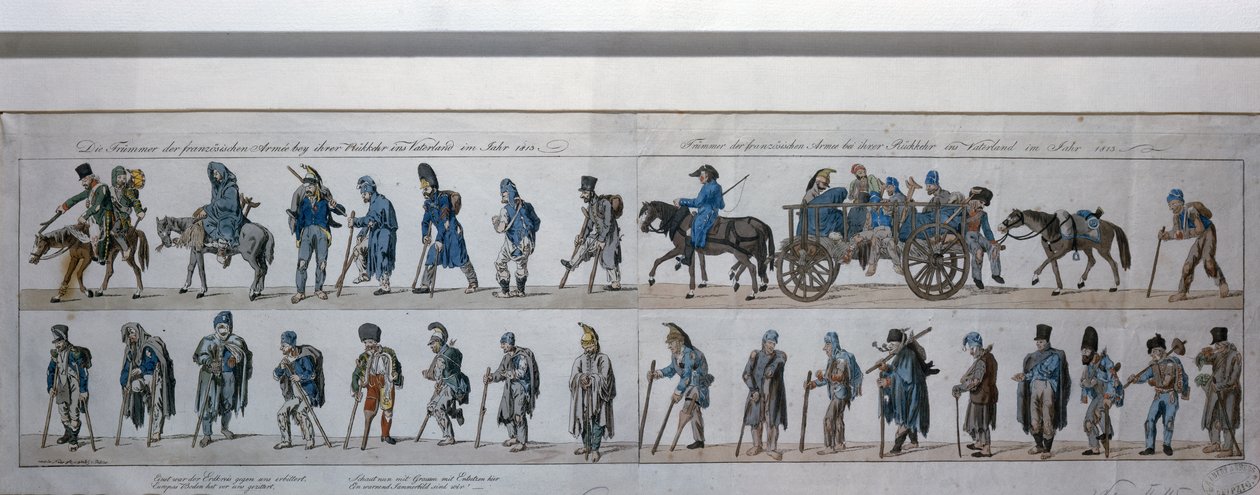 Návrat poražené francouzské armády z Ruska v roce 1813 (ručně kolorovaná rytina) od German School