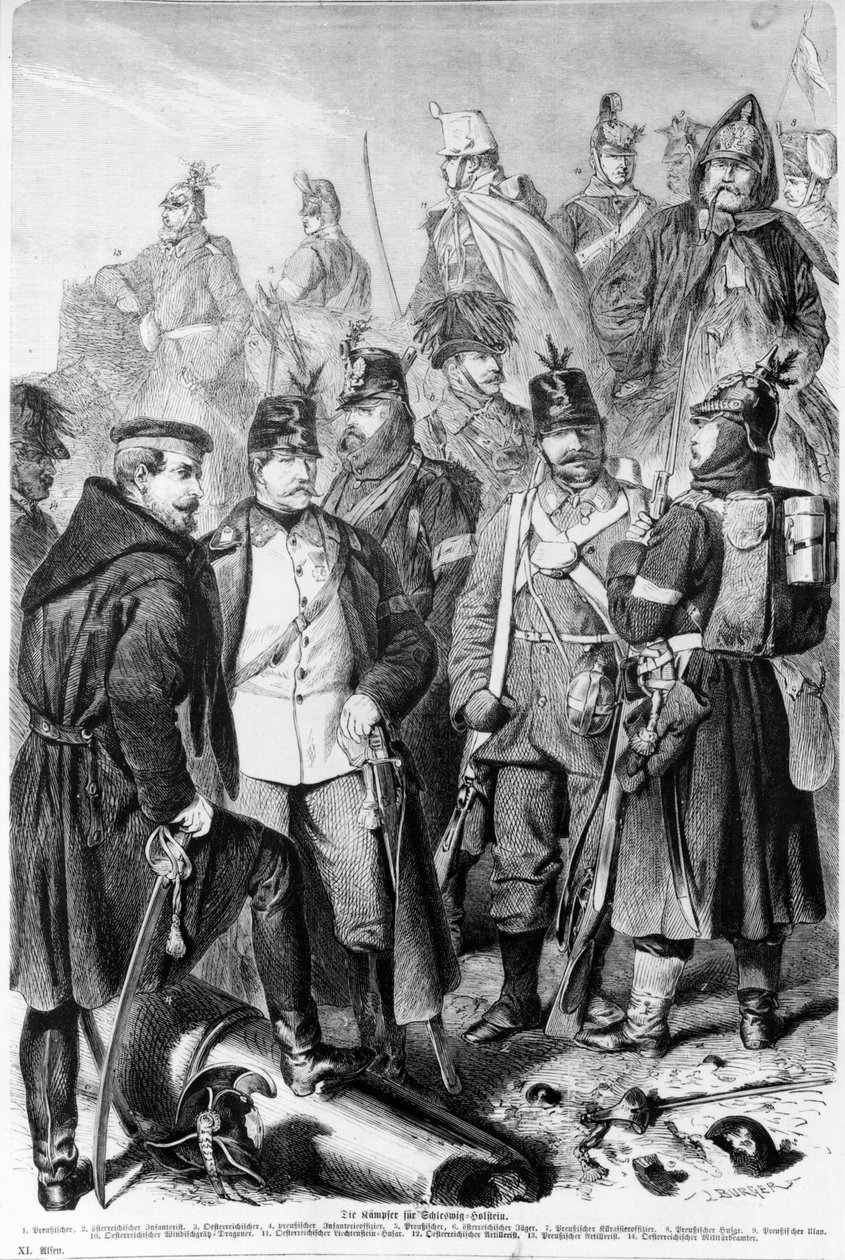 Válka vévodství, rakouských a pruských vojáků a důstojníků bojujících o Šlesvicko-Holštýnsko, 1864, vydáno v Lipsku od German School