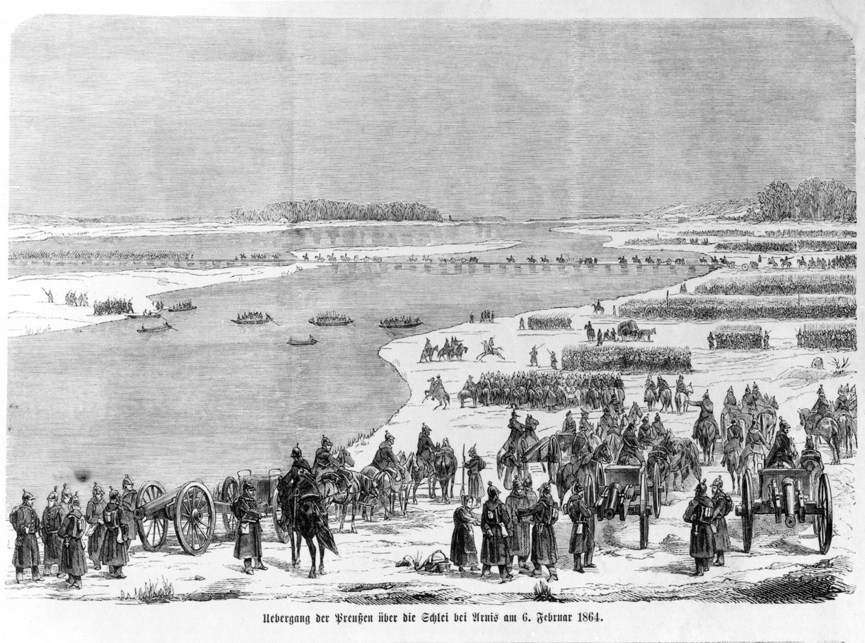 Válka vévodství, pruská armáda překračující Shlei u Arnis, ilustrace z „Illustrierte Kriegsberichte aus Schleswig-Holstein“, 1864 od German School
