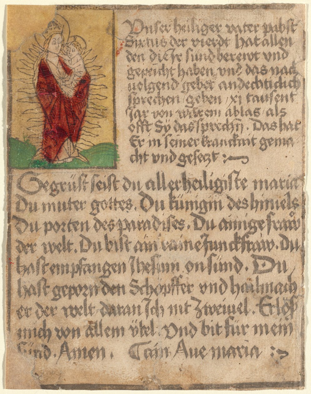 Madonna a dítě ve slávě s odpustkem a modlitbou od German 15th Century