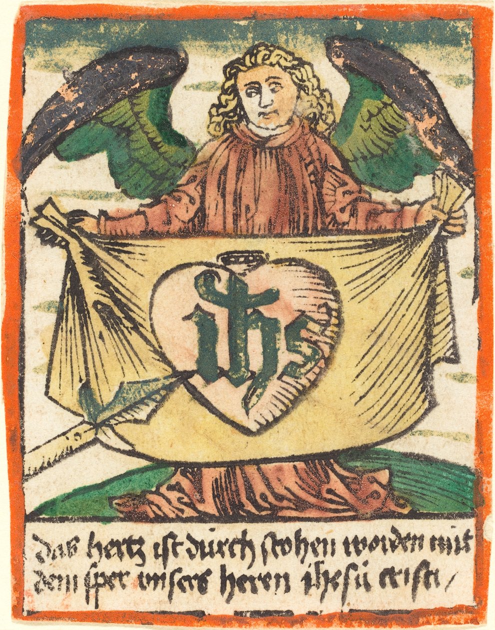 Posvátný monogram v posvátném srdci na látce držené andělem od German 15th Century