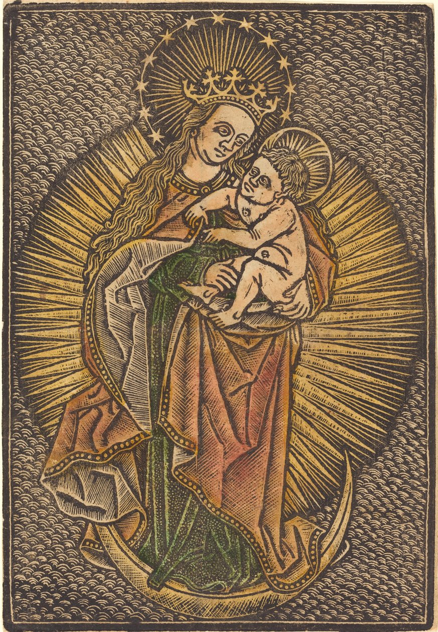 Madonna a dítě ve slávě od German 15th Century or Master of the Meshed Background