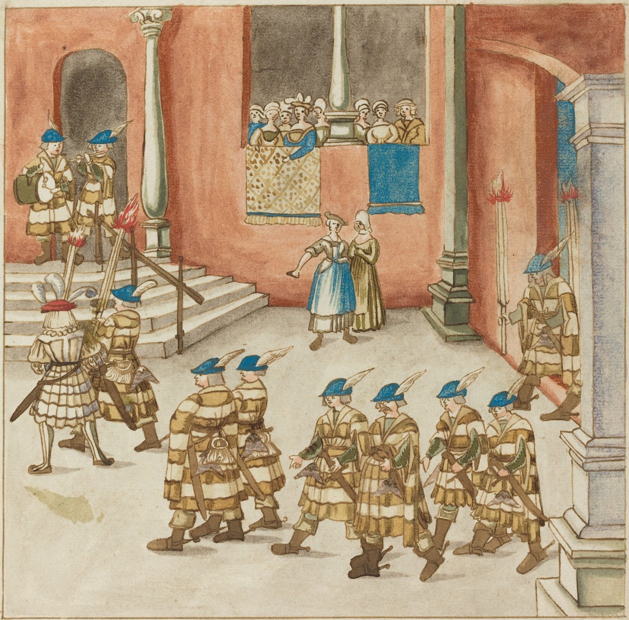 Průvod rytířů na balkóně prohlížený dámami od German 16th Century