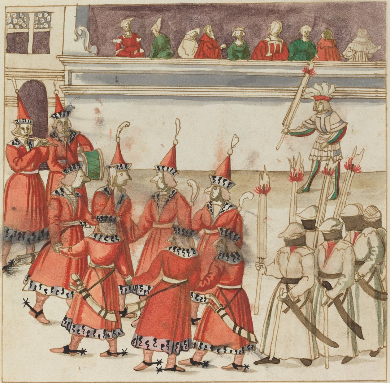Sedm mužů v červeném se sešlo v kruhu od German 16th Century