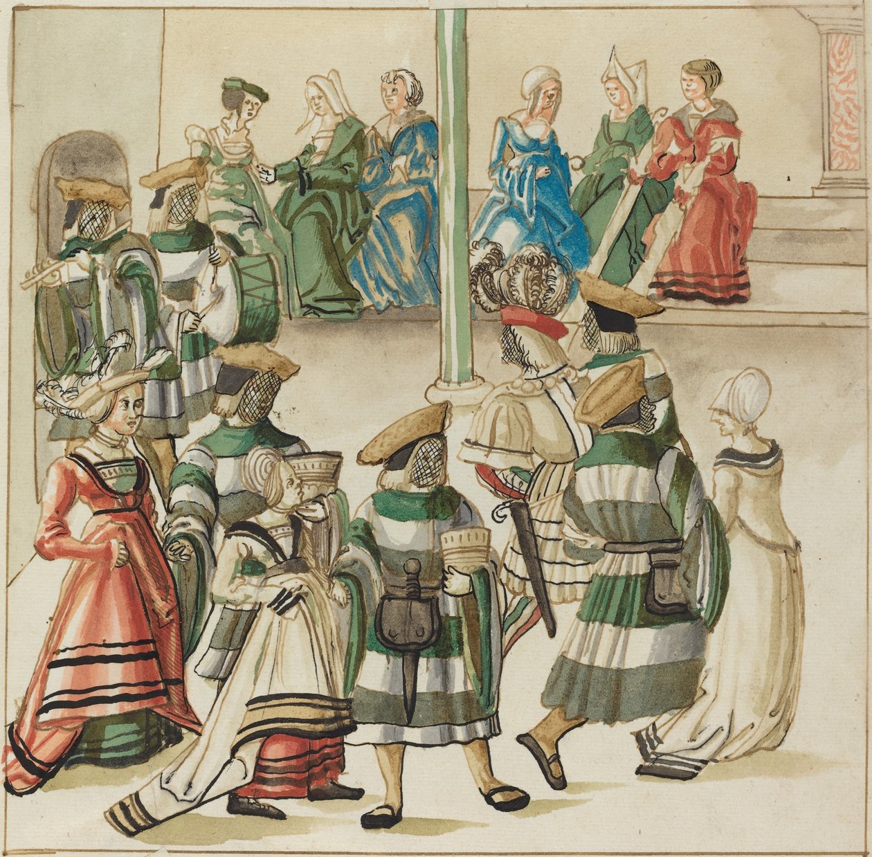 Tři taneční páry vedené dvěma rytíři v místnosti se sloupem od German 16th Century
