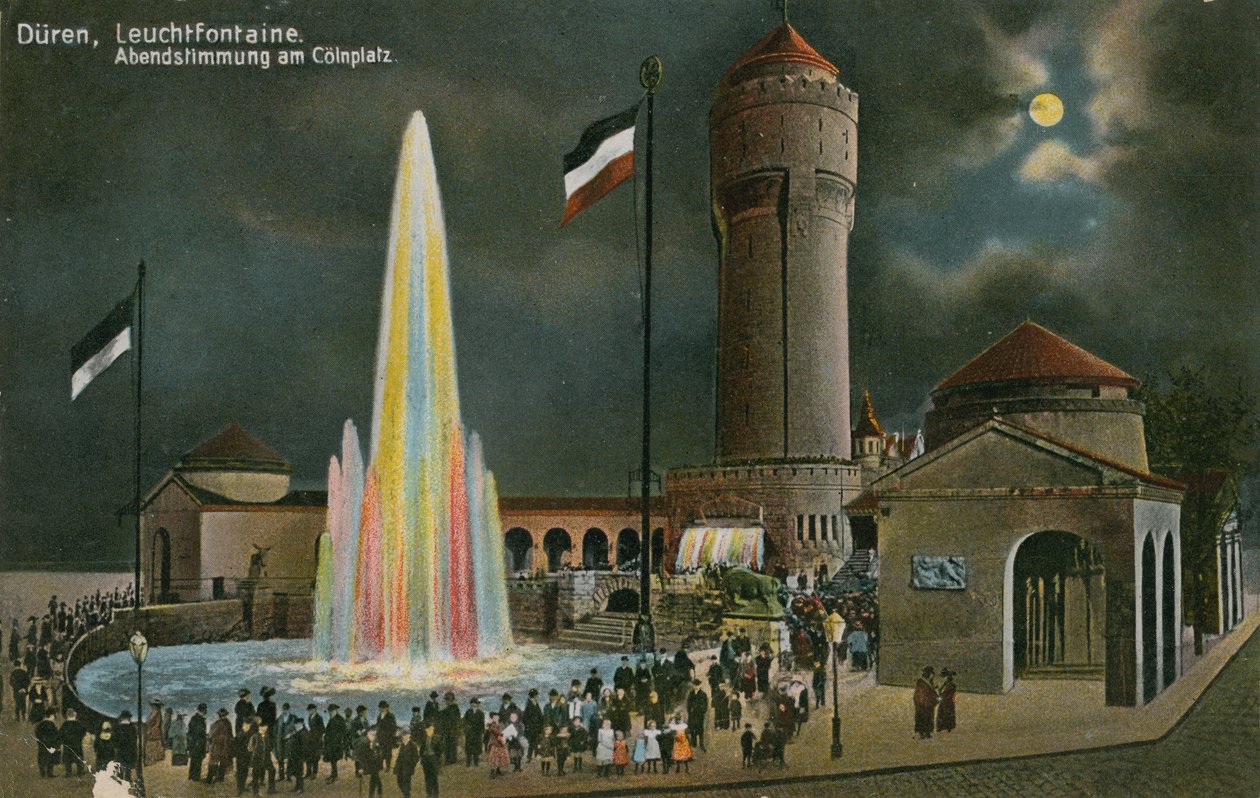 Duren, Leuchtfontaine, večerní atmosféra na Colnplatzu. Pohlednice odeslaná 20. března 1913. od German Photographer