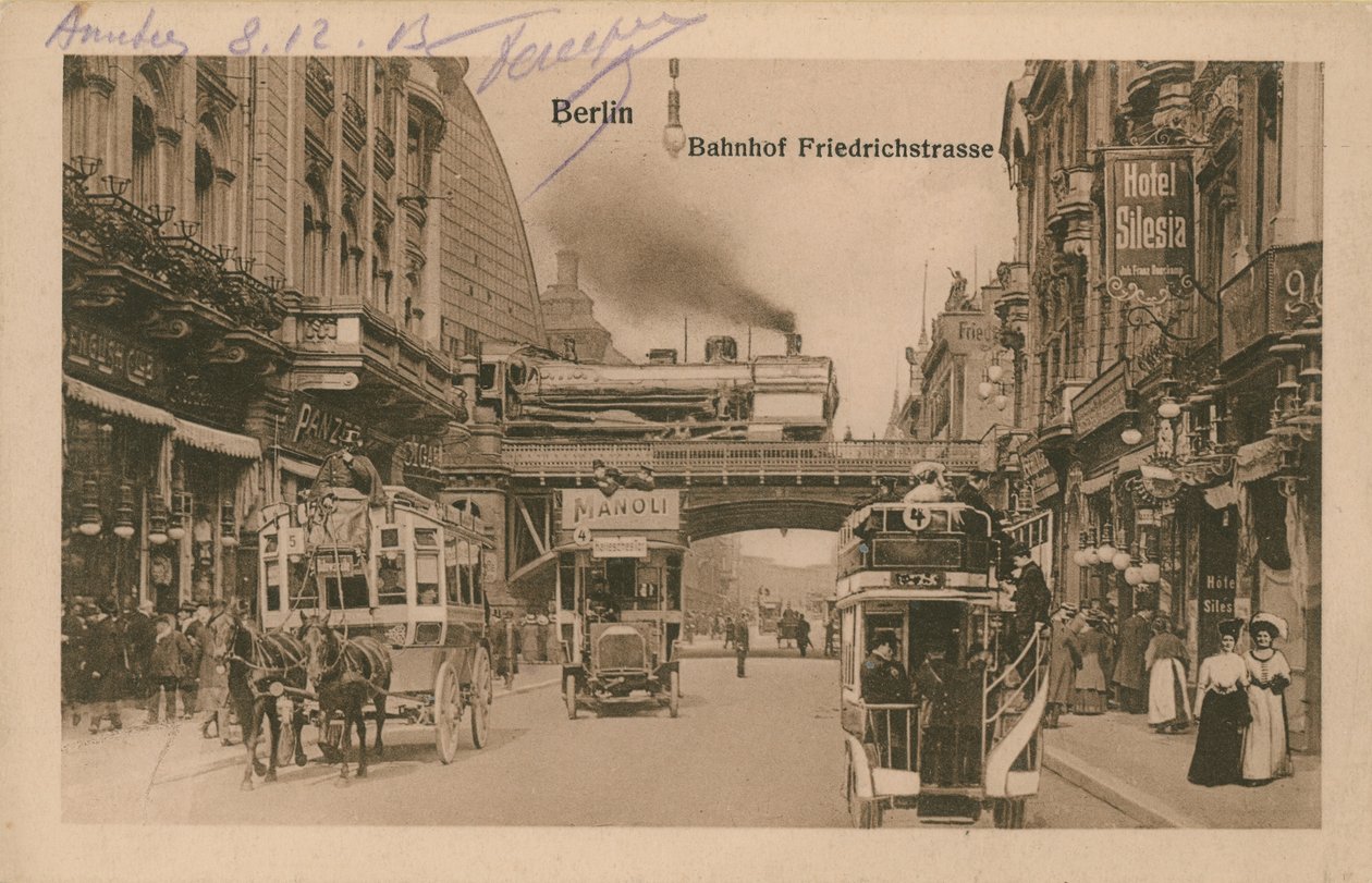 Pohlednice nádraží na Friedrichstrasse, Berlín, odeslaná v roce 1913 (čb fotografie) od German Photographer