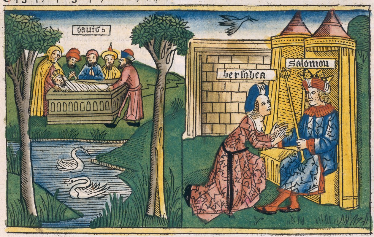 1. králi 2 10-11 Davidova smrt a 2. králi 19-25 Batšeba žádá Šalomouna, aby se Abishag provdala za Adonijaha, z norimberské bible (Biblia Sacra Germanaica) (barevný dřevoryt) od German School