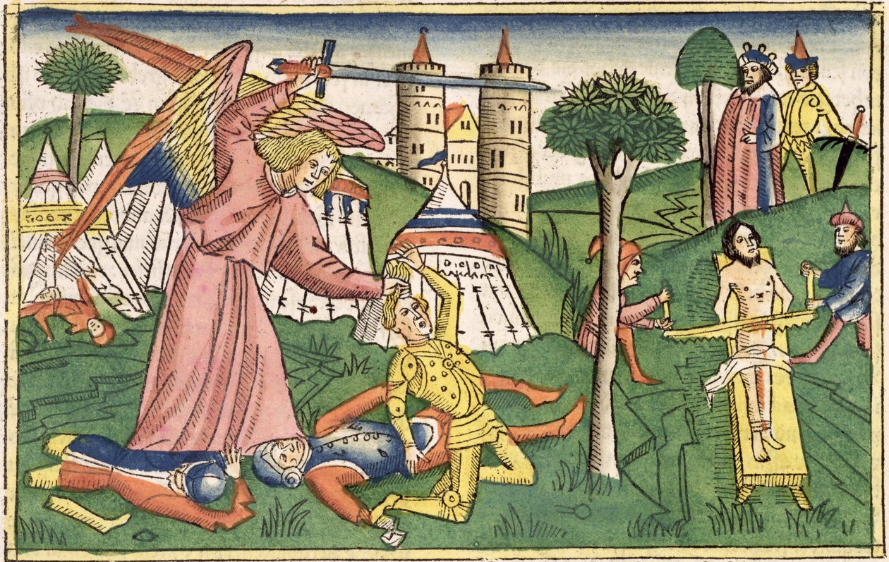 2 Kings 19 35-37 Boží pomsta na Asýrii, z „Norimberské bible (Biblia Sacra Germanica)“ (barevný dřevoryt) od German School