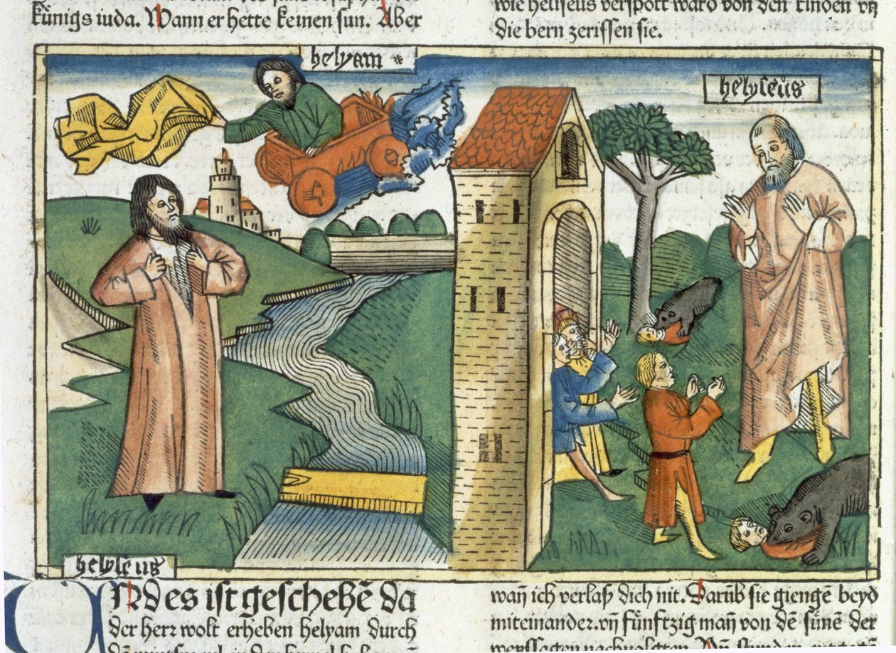 2 Kings 2 1-24 Eliáš stoupá do nebe ve vichřici a chlapci, kteří se Elizeovi posmívali, jsou sežráni medvědy, z norimberské bible (Biblia Sacra Germanaica) (barevný dřevoryt) od German School