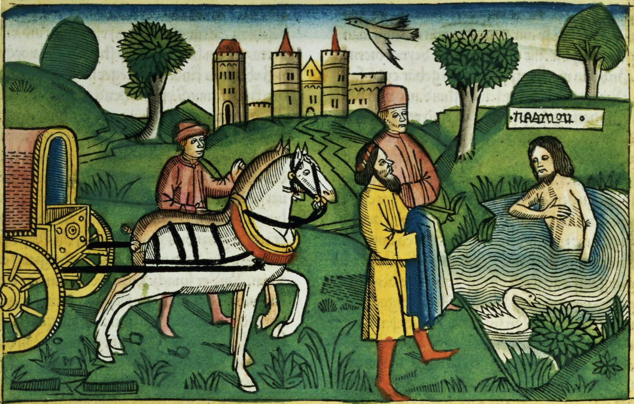 2 Kings 5 14 Očištění Naamana, z norimberské bible (Biblia Sacra Germanaica) (barevný dřevoryt) od German School