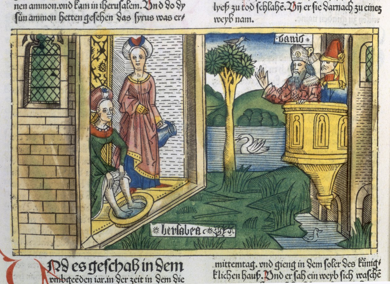 2 Samuel 11 1-5 David vidí koupání Batsheba, z norimberské bible (Biblia Sacra Germanaica) (barevný dřevoryt) od German School