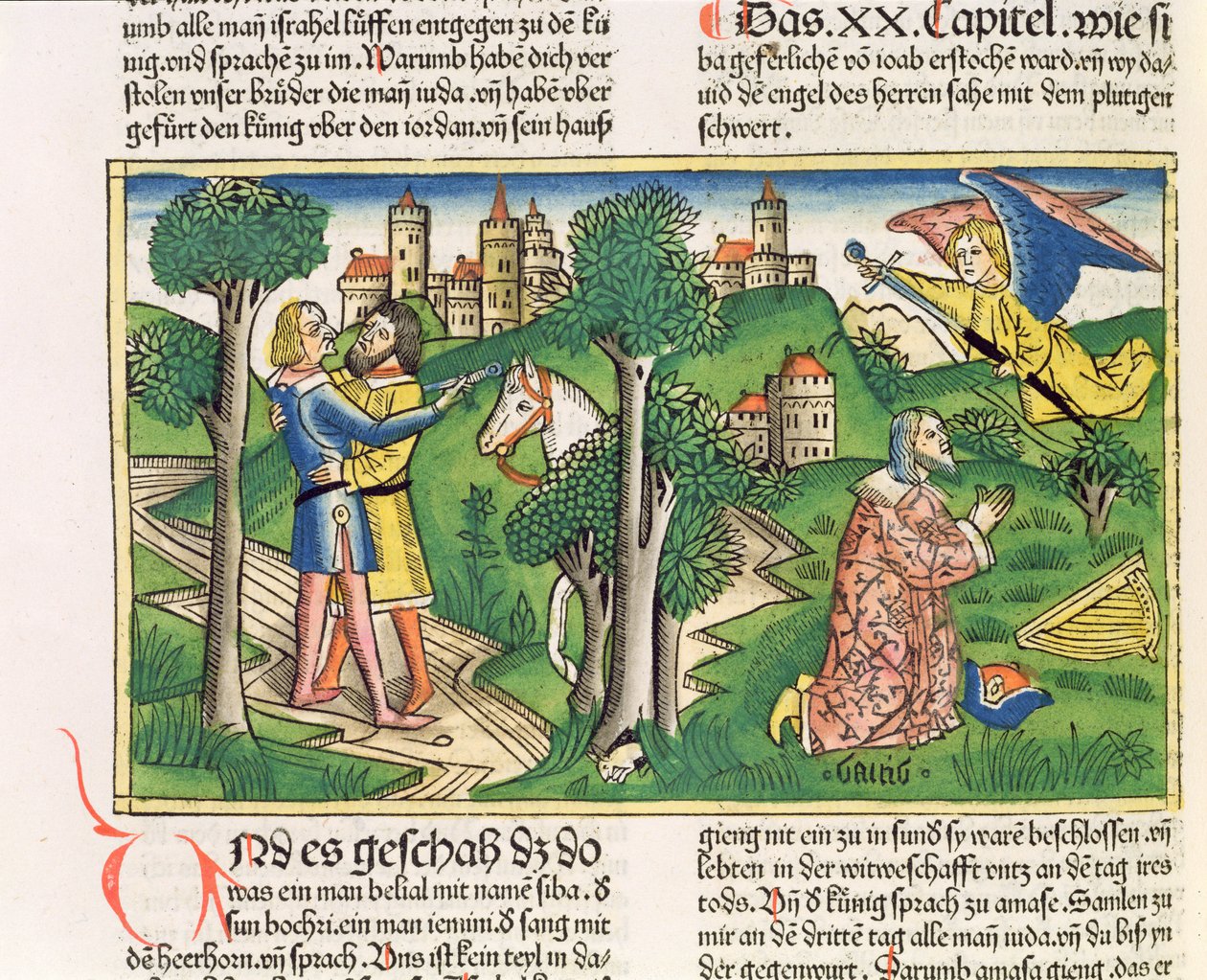 2 Samuel 20 10 Joab zabíjí Amasu, z „Norimberské bible (Biblia Sacra Germanaica)“ (barevný dřevoryt) od German School
