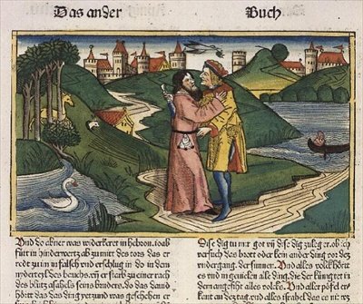 2 Samuel 3:27 Joab zavraždí Abnera, z ‚Norimberské bible (Biblia Sacra Germanaica)“ (barevný dřevoryt) od German School