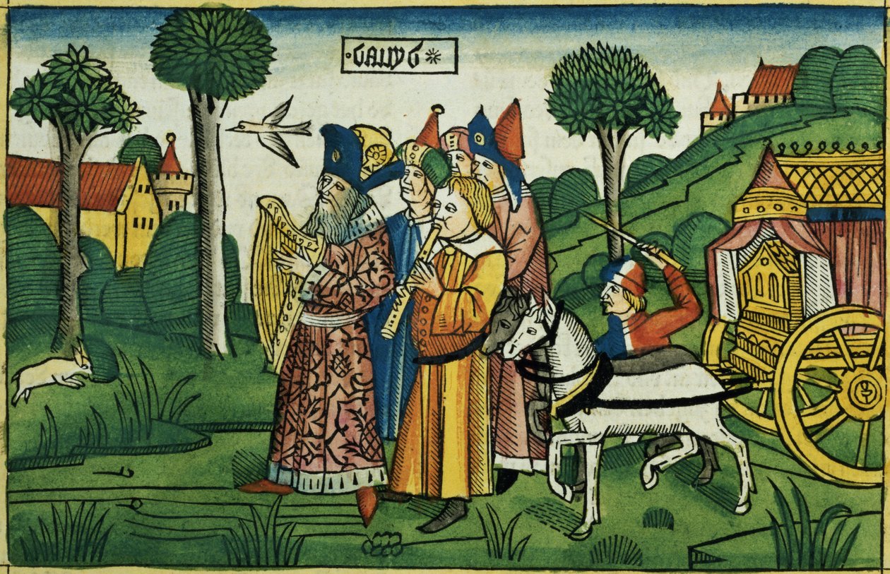 2 Samuel 6 1-5 David přináší archu do Jeruzaléma, z norimberské Bible (Biblia Sacra Germanaica) (barevný dřevoryt) od German School