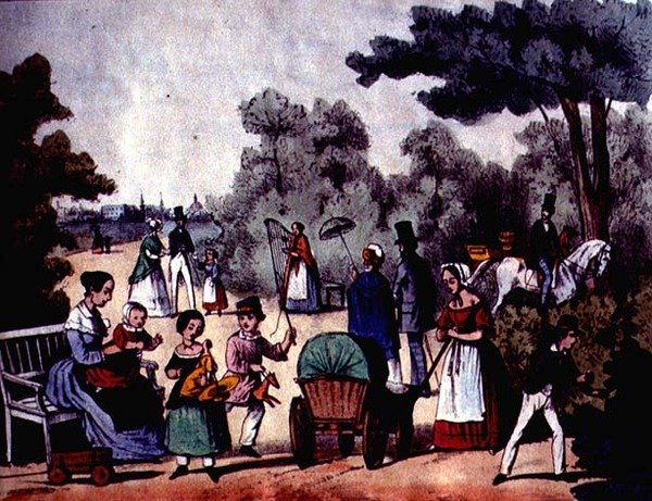 Německý park v létě, kolem roku 1860 (barevná rytina) od German School