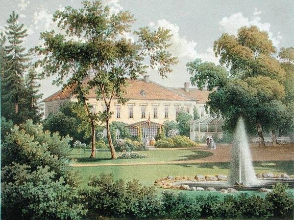 Německá zahrada, z „Velkých sídel, zámků a sídel rytířských statkářů v pruské monarchii“, vydaná kolem roku 1852-63 (barevně lito) od German School