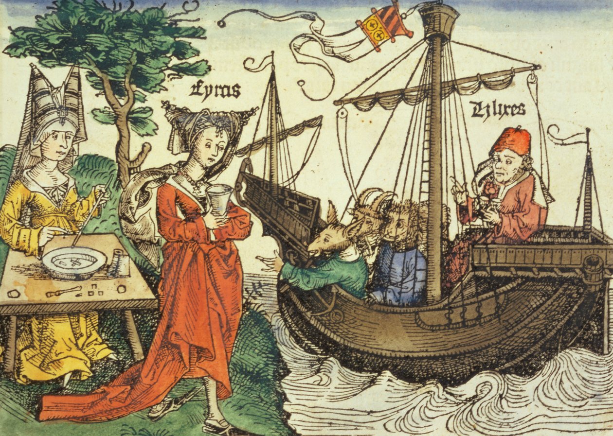 Čarodějka, pravděpodobně Circe s pohárem jedu a Odysseus se svými společníky z Norimberské kroniky od Hartmanna Schedela (1440-1514) 1493 od German School