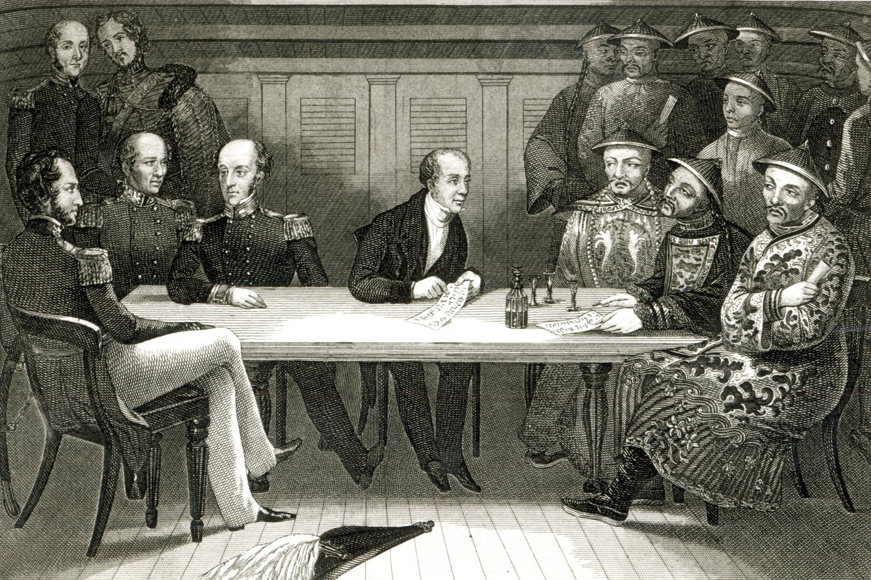 Konference v Chusan mezi komodorem Bremerem a čínským úředníkem Changem na palubě HMS Wellesley, 4. července 1841 od German School