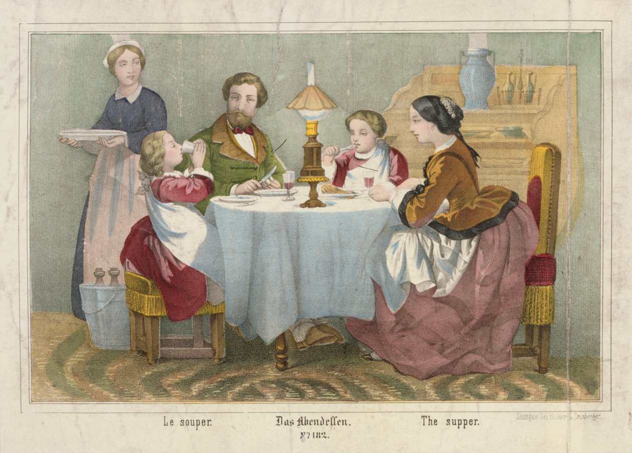 Rodina u večeře, obrazový brožovaný list vydaný firmou Haider & Cronberger, Stuttgart, 1860 od German School