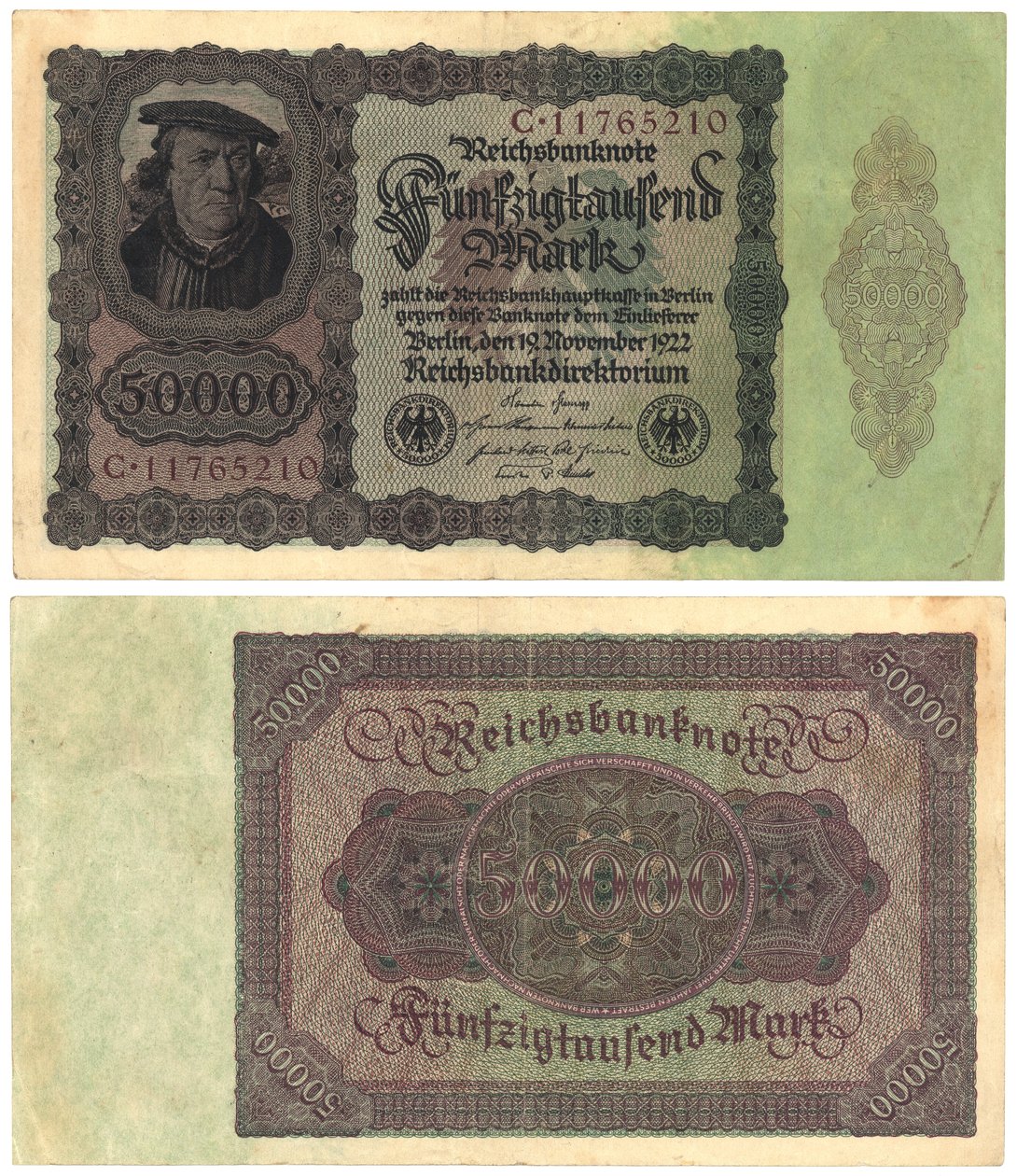 Bankovka padesát tisíc marek, 1922 (obrácená a zadní strana) od German School