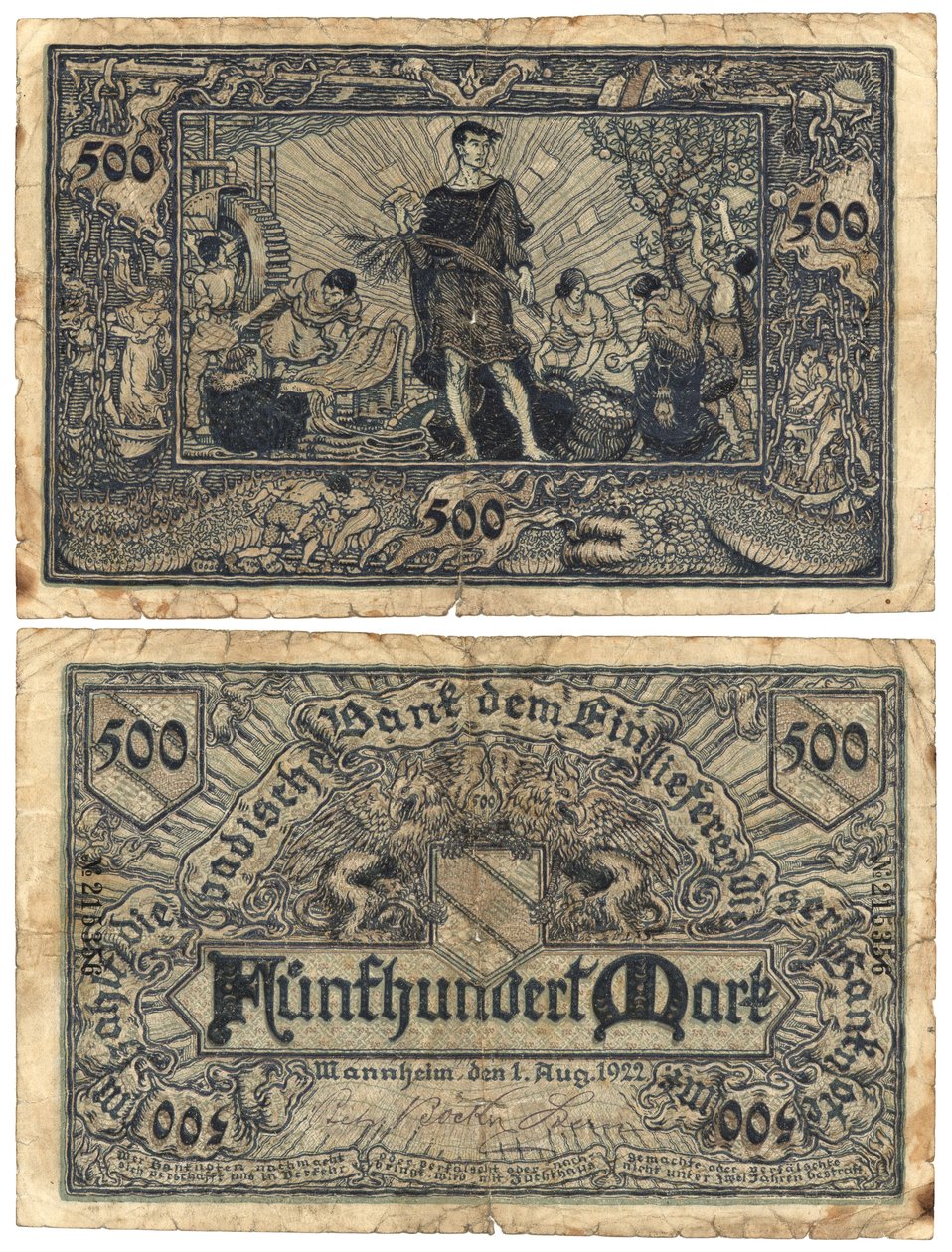 Bankovka pětisetmarků, 1922 (pravé a zadní) od German School