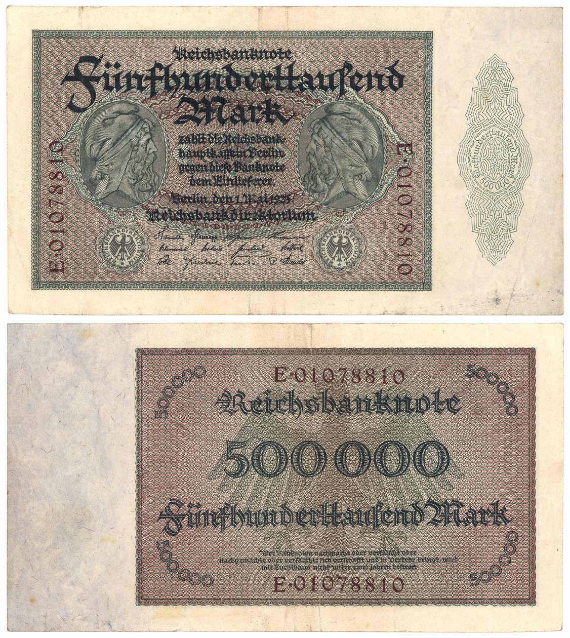 Bankovka pěti set tisíc marek, 1923 (obrácená a zadní strana) od German School