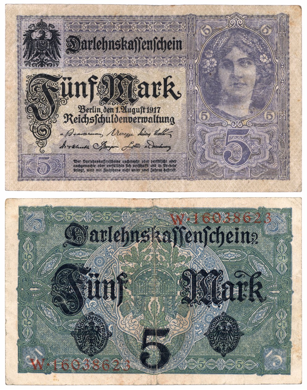 Pětimarková bankovka, 1917 (pravé a zadní) od German School