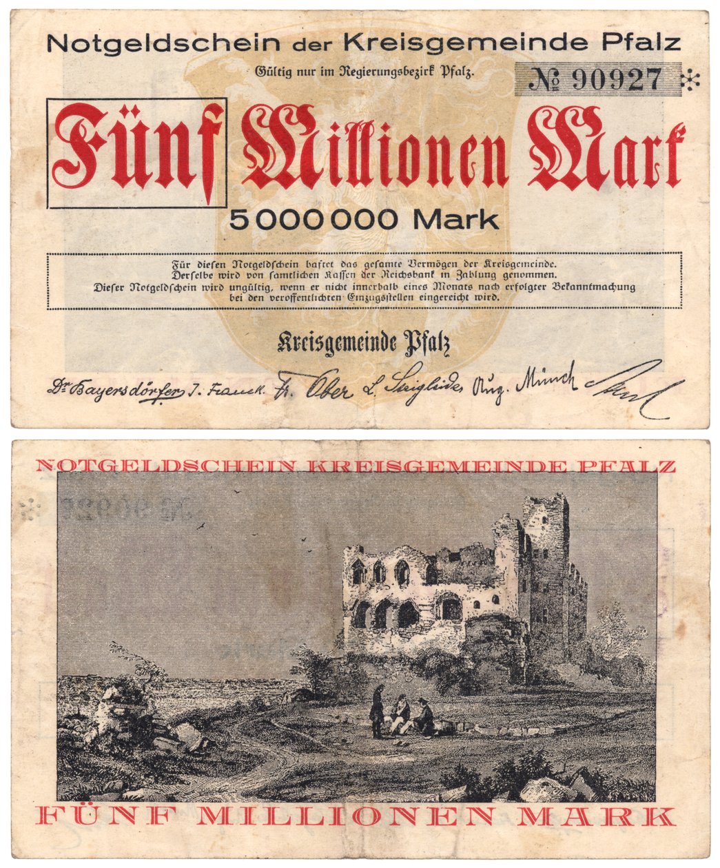 Bankovka v hodnotě pěti milionů marek, cca 1923 (rektum a verso) od German School