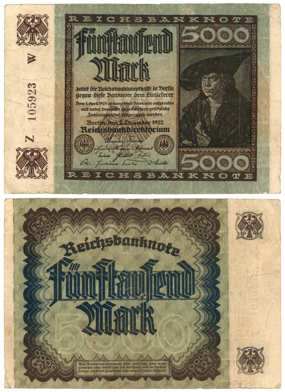 Pětitisícová bankovka, 1922 (obrácená a zadní strana) od German School