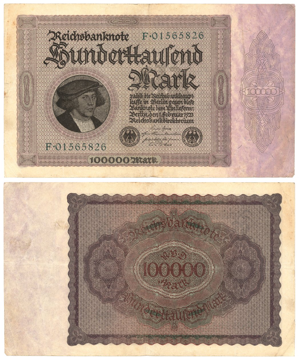 Bankovka sto tisíc marek, 1923 (pravé a zadní) od German School