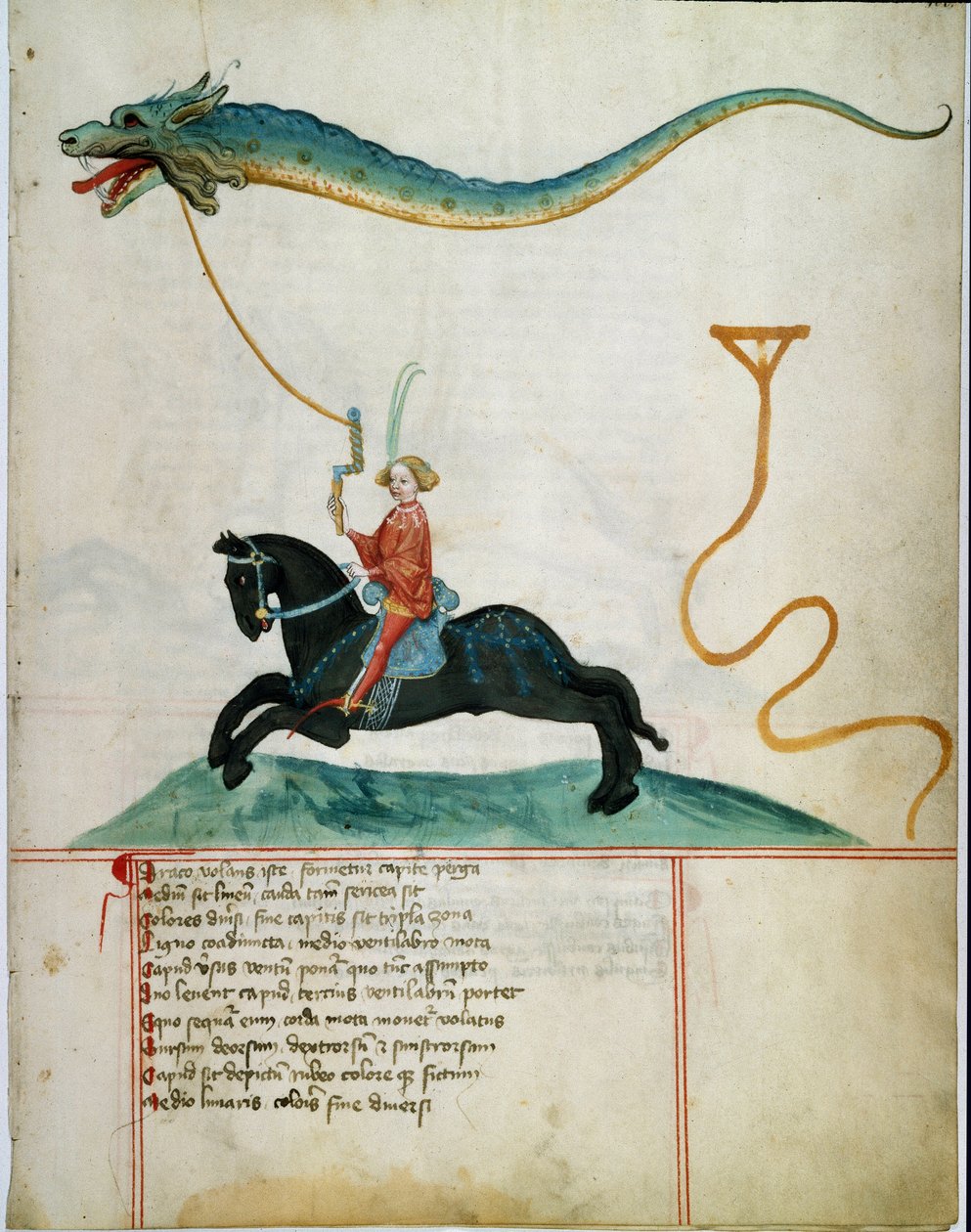 Rytíř držící draka létajícího jelena Rukopisná stránka německé školy 15. století. 1405 Göttingen, knihovna univerzity od German School