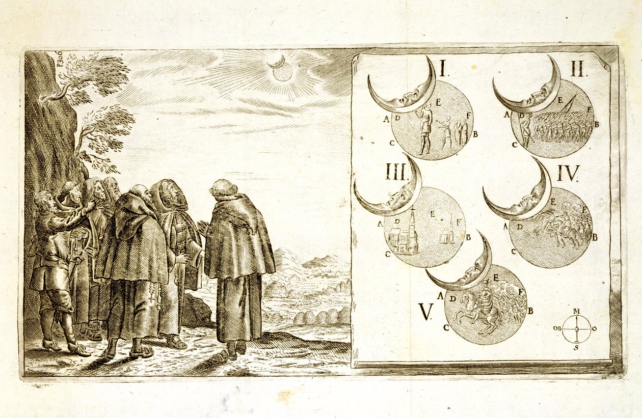 Vojenský útok nakreslený v souladu s fázemi zatmění, ilustrace z knihy o osmanských taženích v Evropě, vyryté Paulem Furstem (c.1605-66) od German School