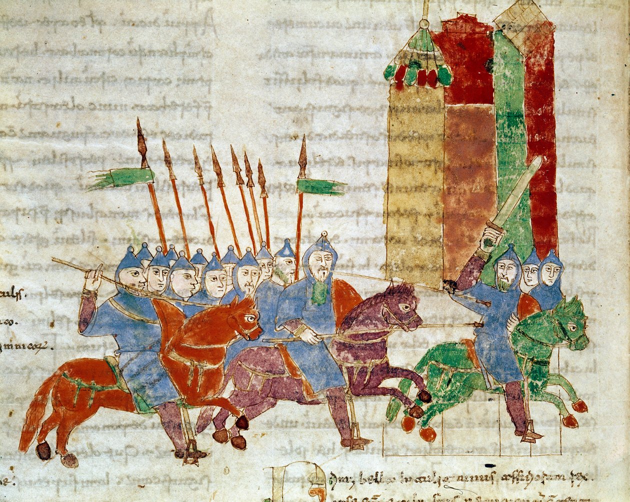Miniaturní jezdci z rukopisu "De Universo" (nebo De rerum naturis (De la Nature des Chooses)) (cod. 132) od Rabana Maura Magnentia (nebo Raban Maur nebo Rabano Mauro) (asi 780-856). 9. století. Archiv opatství Monte Cassino (Mount Cassin) od German School
