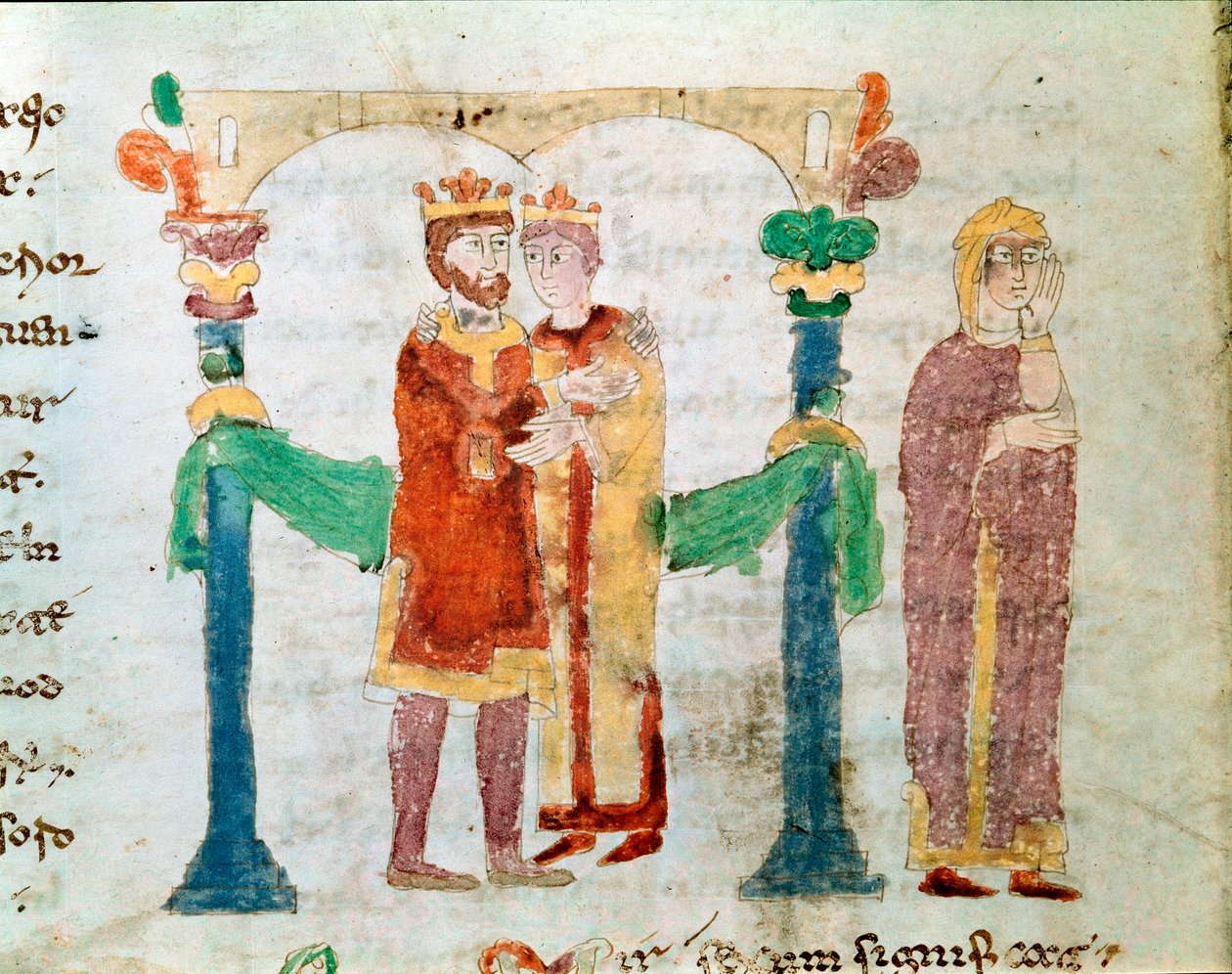 Miniaturní sňatek z rukopisu „De Universe“ nebo „De rerum naturis“ (O přirozenosti věcí) od Rabana Maura Magnentia (neboli Raban Maur nebo Rabano Mauro, circa 780-856). Archiv opatství Monte Cassino (Mount Cassin) od German School