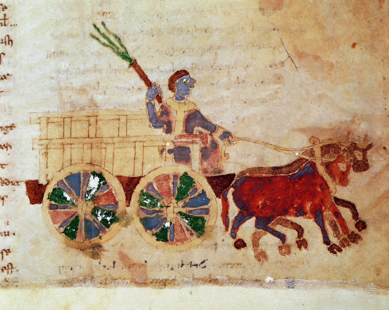Rolník na miniaturním vozíku z rukopisu „“ De Universo“ (nebo De rerum naturis (O přirozenosti věcí)) (kód. 132) od Rabana Maura Magnentia (nebo Rabana Maura nebo Rabana Maura) (asi 780-856 ). 9. století. Archiv opatství Monte Cassino (Mount Cass od German School