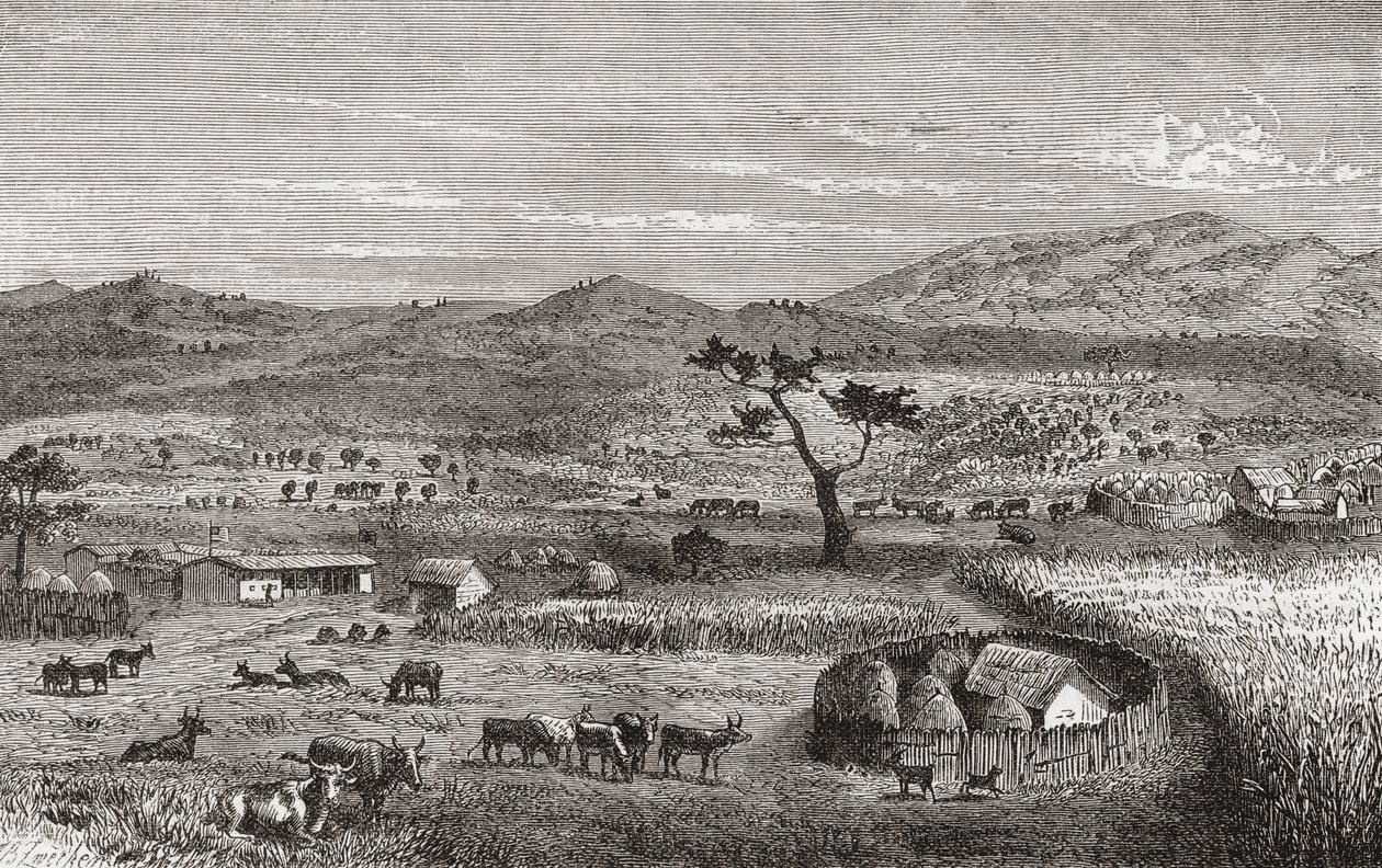 Osada v Kouihara, západní Afrika, ilustrace z „Světa v rukou“, vydaného v roce 1878 od German School