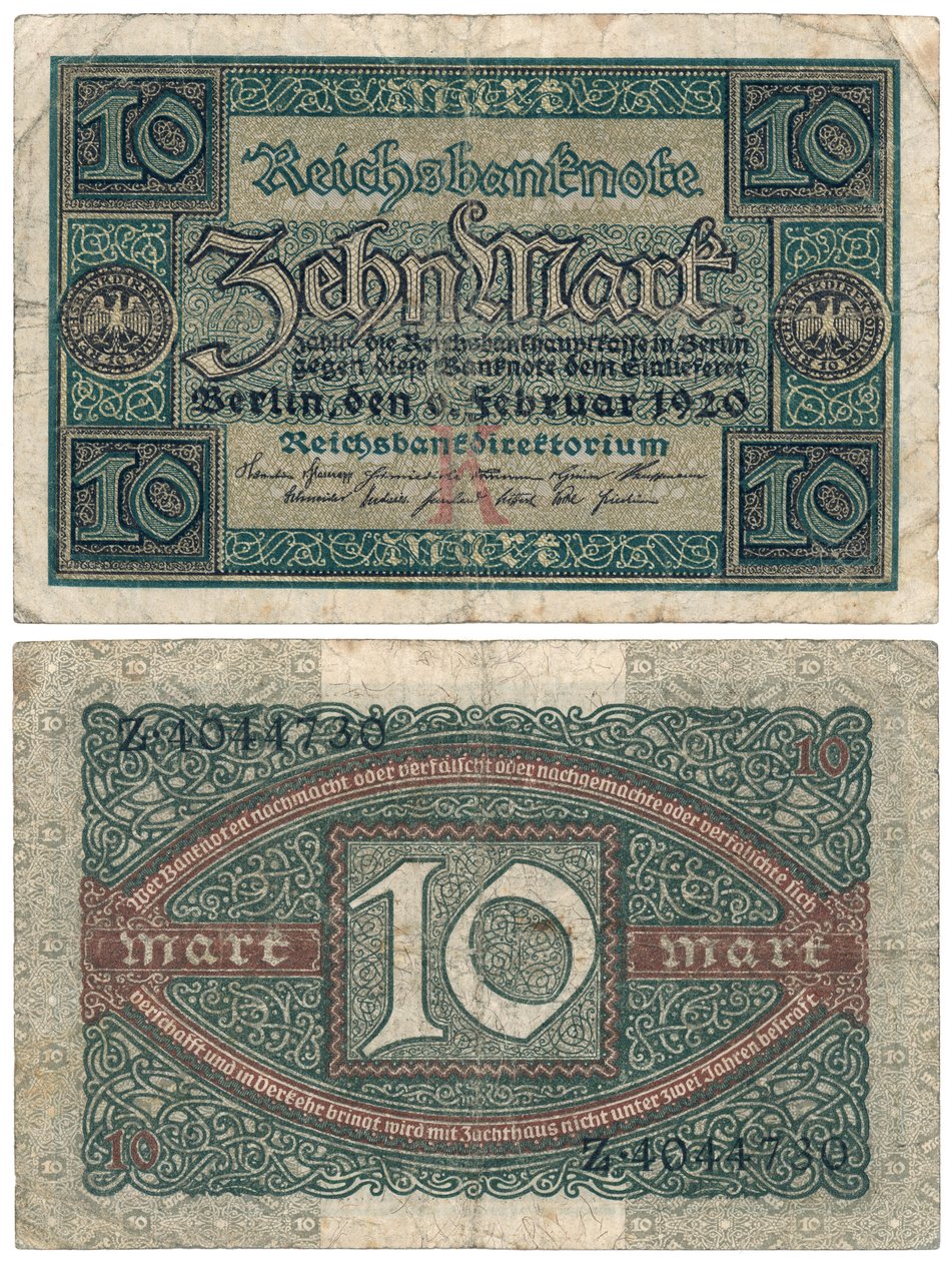 Desetimarková bankovka, 1920 (pravé a zadní) od German School