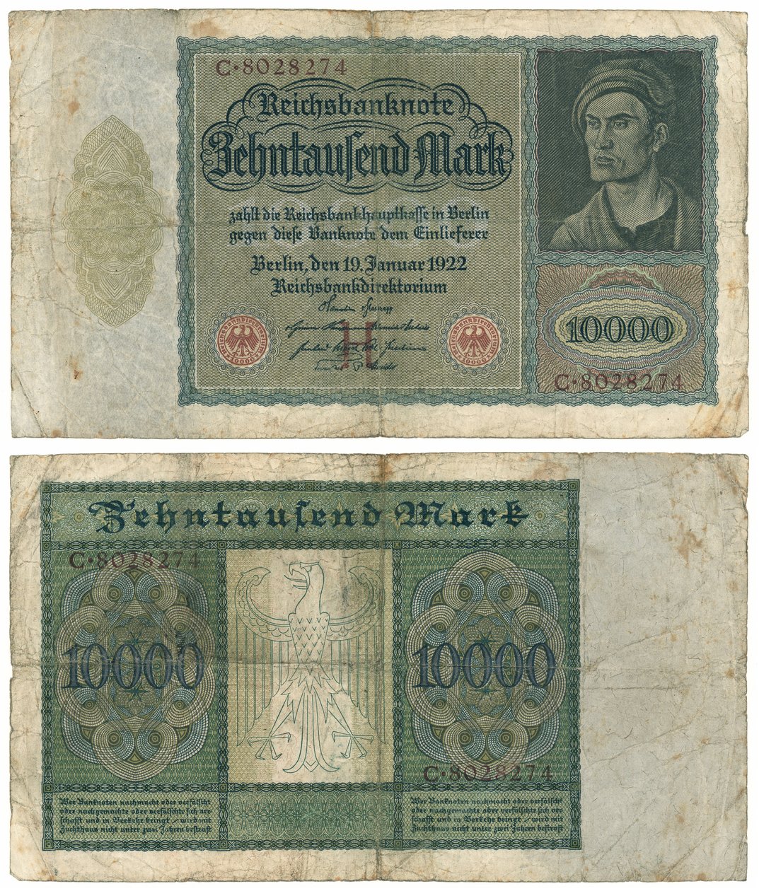 Desetitisícová bankovka, 1922 (pravé a zadní) od German School