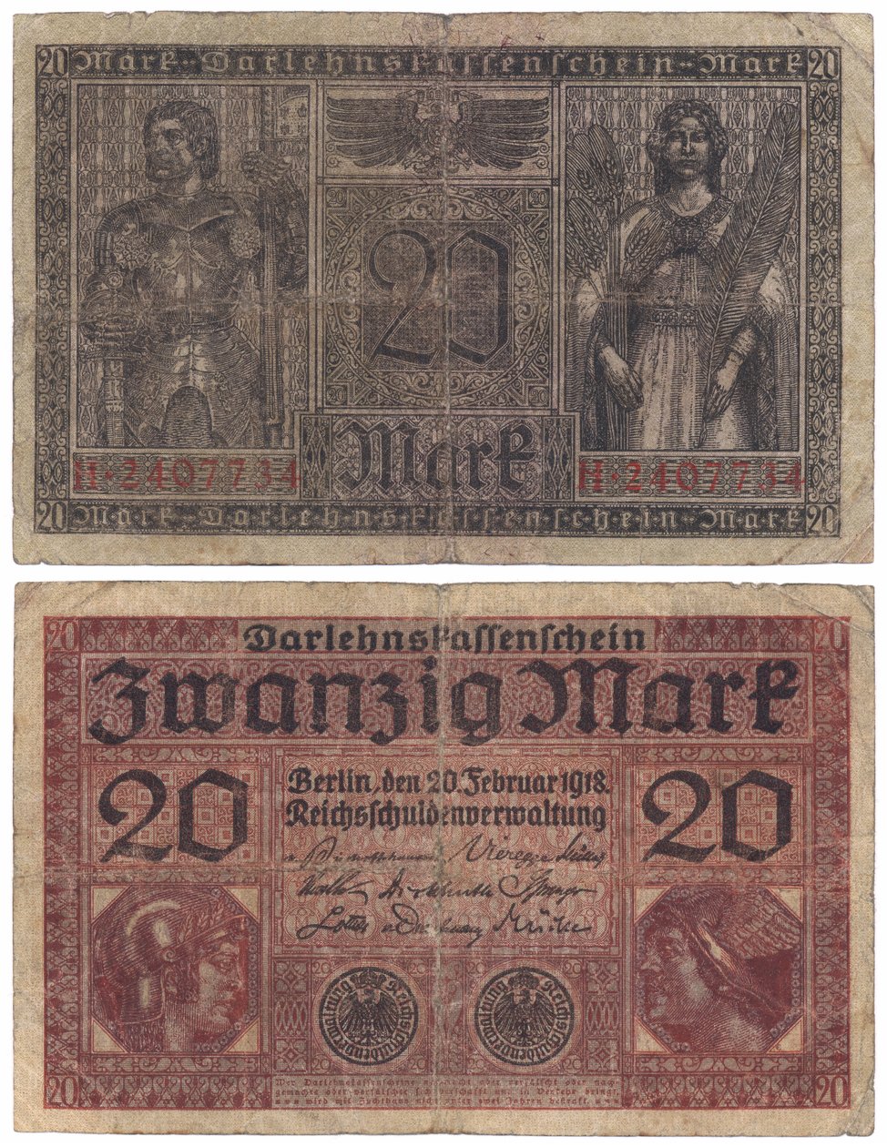 Dvacetimarková bankovka, 1918 (pravé a zadní) od German School