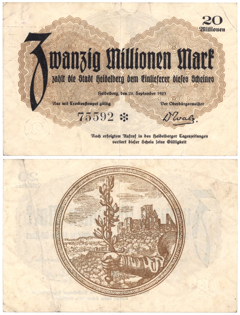 Bankovka v hodnotě dvaceti milionů marek, 1923 (recto a verso) od German School