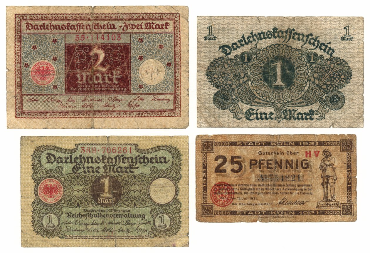 Dvoumarková bankovka, dvě jednomarkové bankovky a dvacetipětifenigová bankovka, 1920-21 od German School