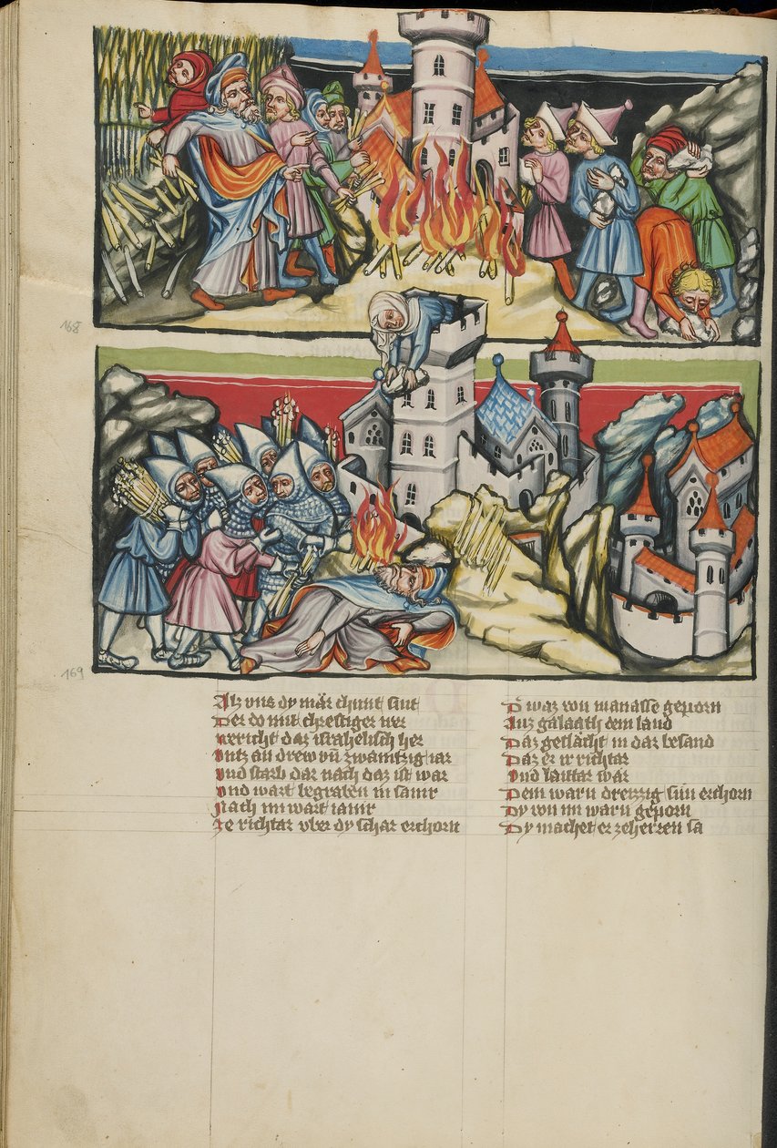 Abimelech iluminace z Weltchronik Ms 33 fol. 137v, c.1400-10 (tempera, zlatá a stříbrná barva, inkoust na pergamenu) od German School