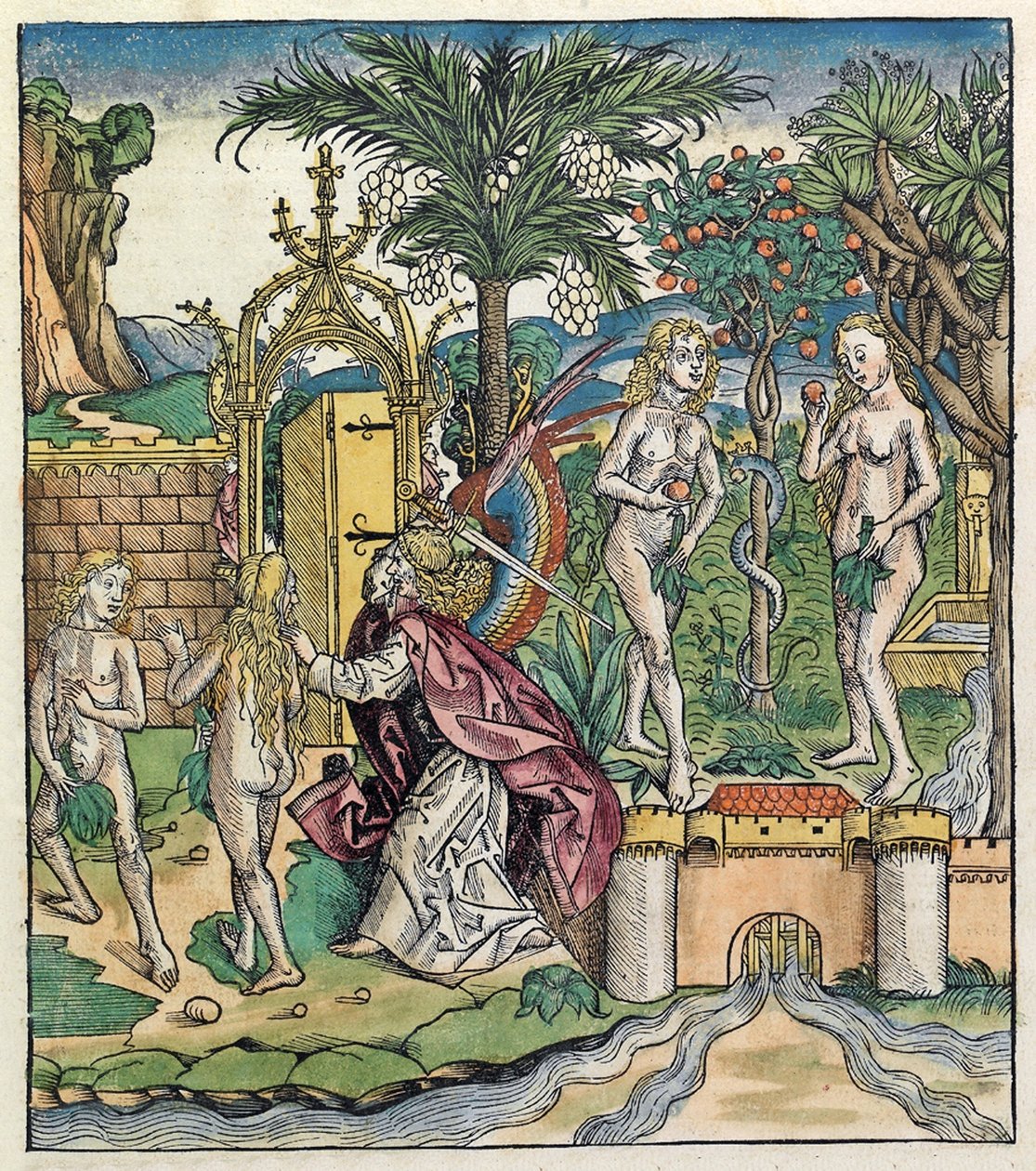 Vyhnání Adama a Evy z Edenu, publikované v Norimberské kronice, 1493 od German School